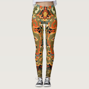 intage Chinese Dragon Textile Print Asian Art Leggings