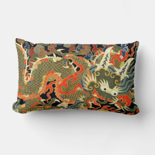 intage Chinese Dragon Textile Print Asian Art Lumbar Pillow