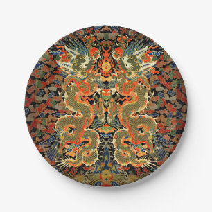 intage Chinese Dragon Textile Print Asian Art Paper Plates