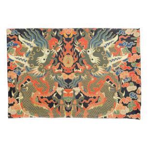 intage Chinese Dragon Textile Print Asian Art Pillow Case