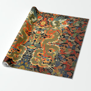 intage Chinese Dragon Textile Print Asian Art Wrapping Paper