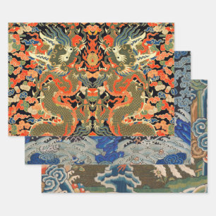 intage Chinese Dragon Textile Print Asian Art Wrapping Paper Sheets