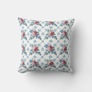 intage Floral Red & Blue Roses Decorative Throw Pillow