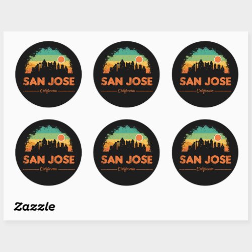 intage San Jose City Skyline Retro Sunset 70s Classic Round Sticker