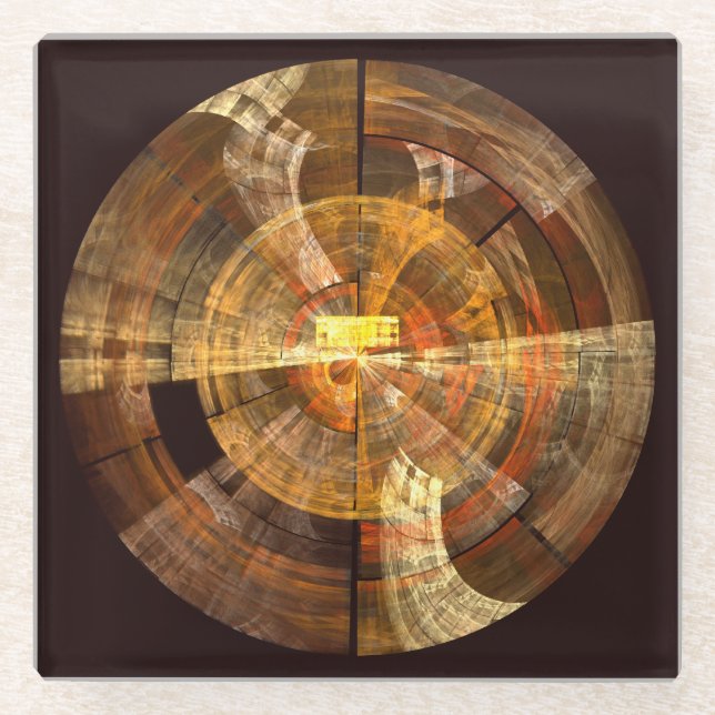 Integrity Radial Abstract Art in Warm Gold Tones Glass Coaster (Front)
