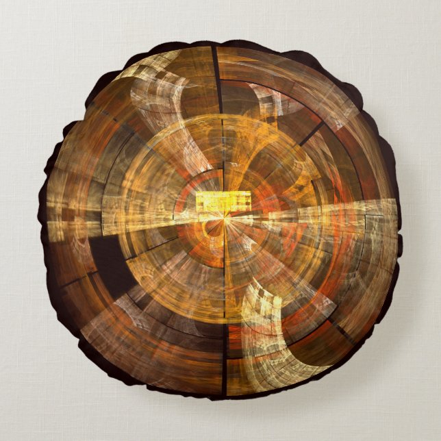Integrity Radial Abstract Art in Warm Gold Tones Round Pillow (Front)