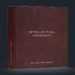Intellectual Property Binder Oxblood Leather Print<br><div class="desc">Organize your valuable legal documents with this sophisticated Intellectual Property binder. The design showcases a luxurious oxblood leather print background, exuding professionalism and elegance. The golden classic block typography prominently displays "Intellectual Property, " making it clear and identifiable. The lower thirds section allows you to include your company name or...</div>