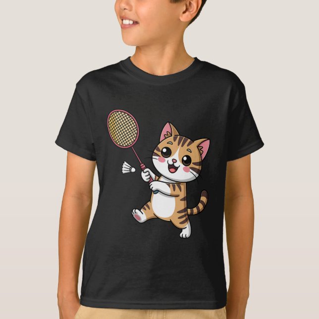 Intelligent Cat Playing Dminton Funny Humorous  T-Shirt (Front)