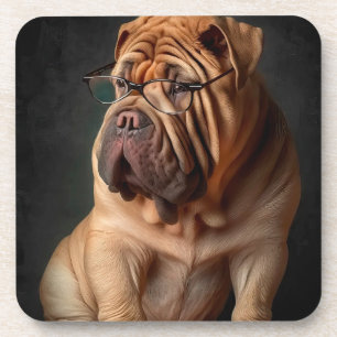 Intelligent Shar Pei Dog with Book Design Beverage Coaster