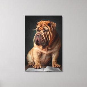 Intelligent Shar Pei Dog with Book Design Canvas Print