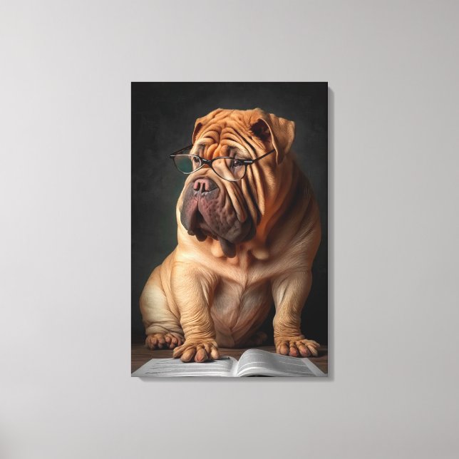 Intelligent Shar Pei Dog with Book Design Canvas Print (Front)