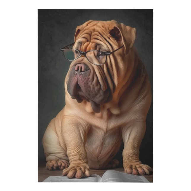 Intelligent Shar Pei Dog with Book Design Faux Canvas Print (Front)
