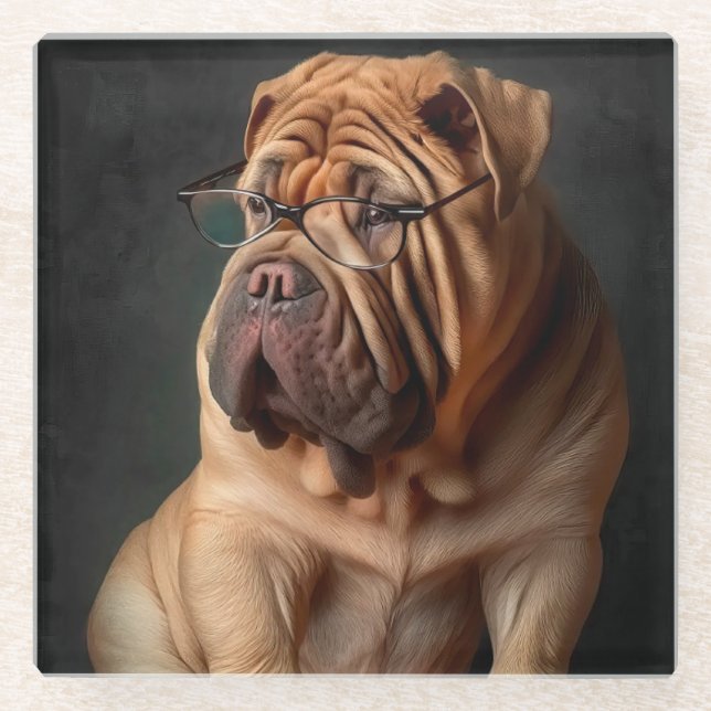 Intelligent Shar Pei Dog with Book Design Glass Coaster (Front)