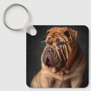 Intelligent Shar Pei Dog with Book Design Keychain