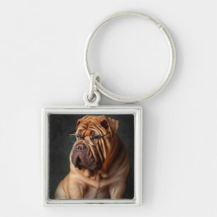 Intelligent Shar Pei Dog with Book Design Keychain