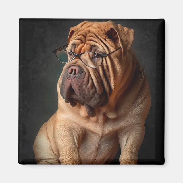 Intelligent Shar Pei Dog with Book Design Magnet (Front)