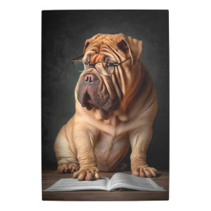 Intelligent Shar Pei Dog with Book Design Metal Print