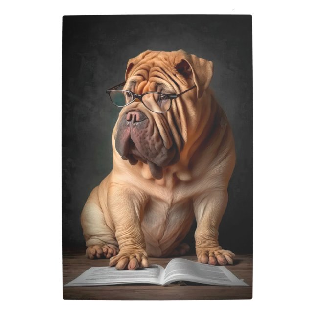 Intelligent Shar Pei Dog with Book Design Metal Print (Front)