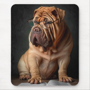Intelligent Shar Pei Dog with Book Design Mouse Pad
