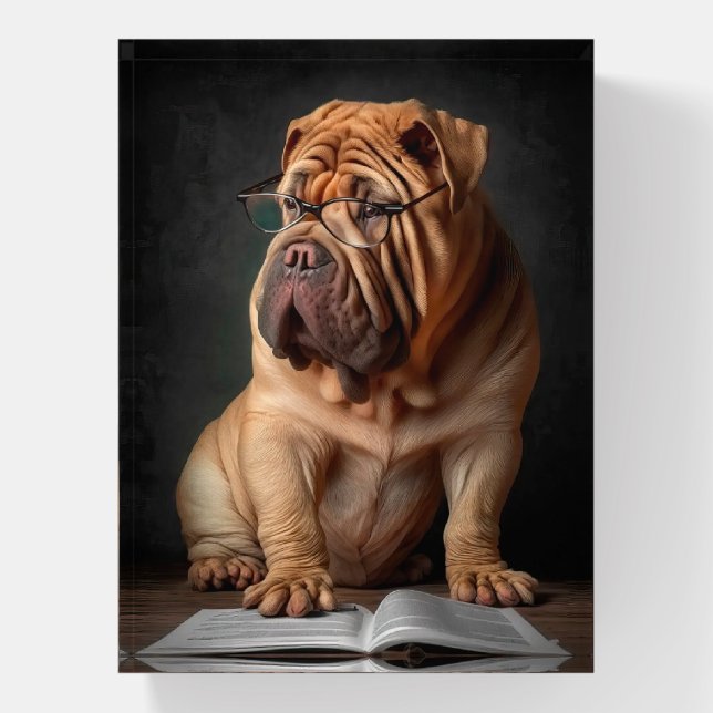 Intelligent Shar Pei Dog with Book Design Paperweight (Vertical)