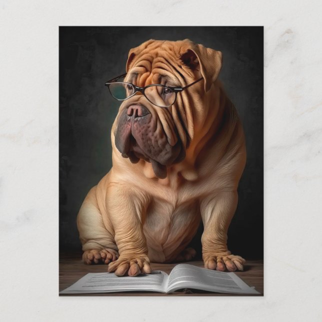 Intelligent Shar Pei Dog with Book Design Postcard (Front)
