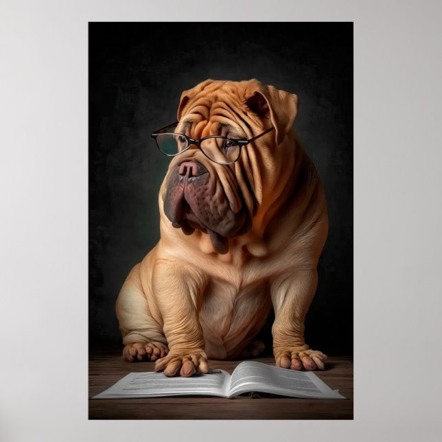 Intelligent Shar Pei Dog with Book Design Poster (Front)