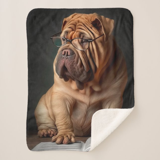 Intelligent Shar Pei Dog with Book Design Sherpa Blanket (Front)