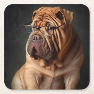 Intelligent Shar Pei Dog with Book Design Square Paper Coaster