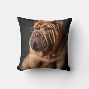 Intelligent Shar Pei Dog with Book Design Throw Pillow