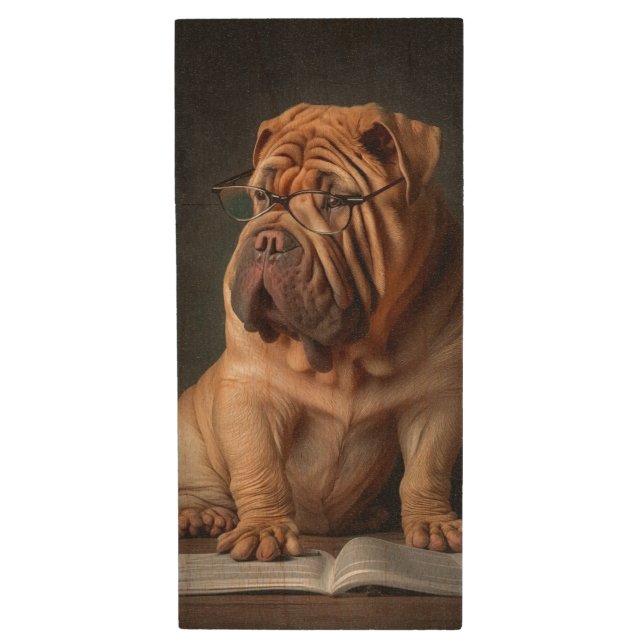 Intelligent Shar Pei Dog with Book Design Wood Flash Drive (Front Vertical)