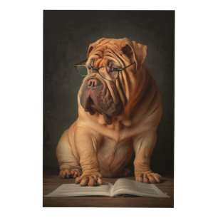 Intelligent Shar Pei Dog with Book Design Wood Wall Art
