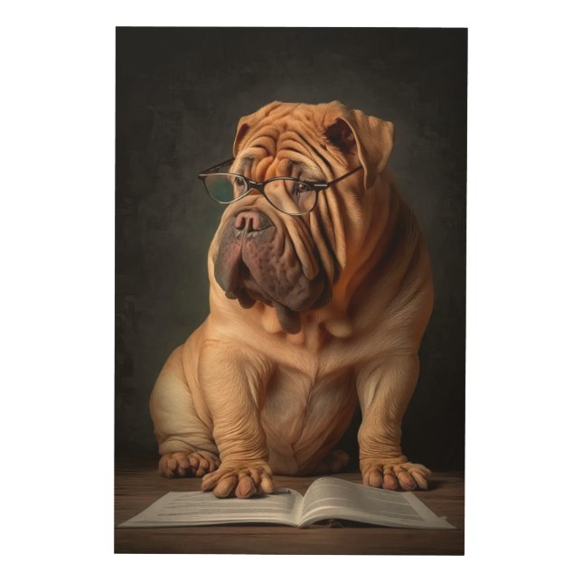 Intelligent Shar Pei Dog with Book Design Wood Wall Art (Front)
