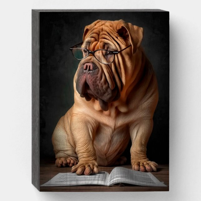 Intelligent Shar Pei Dog with Book Design Wooden Box Sign (Front Vertical)