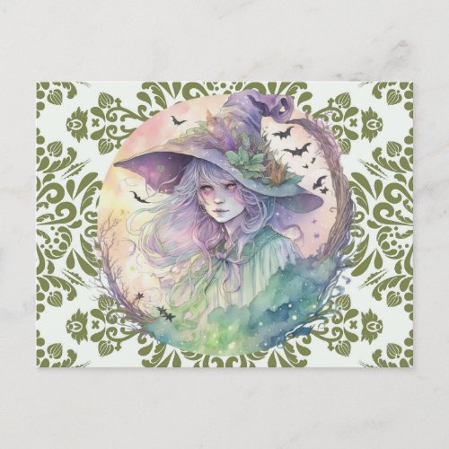 Intense and Scary Pastel Witch Damask Halloween Holiday Postcard