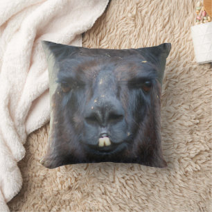 Intense Black Llama Face Close Up Throw Pillow