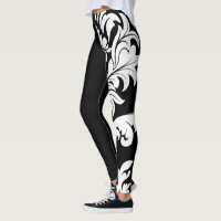 Intense, Black White Floral Design on One Leg Leggings