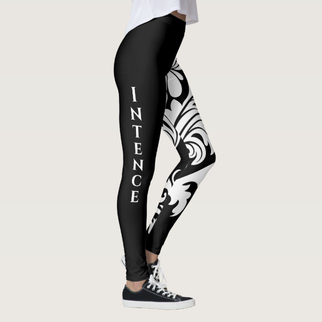 Intense, Black White Floral Design on One Leg Leggings (Right)