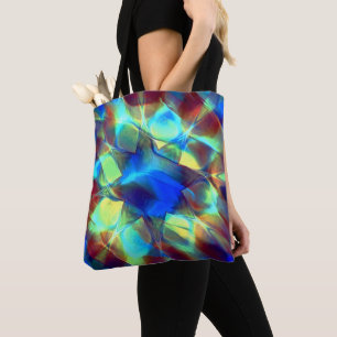 Intense blue digital flower contrasting with brown tote bag