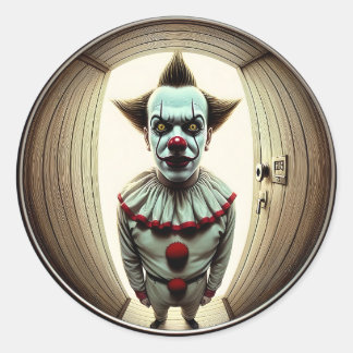 Intense Clown Staring Through Doorway | Fisheye Classic Round Sticker
