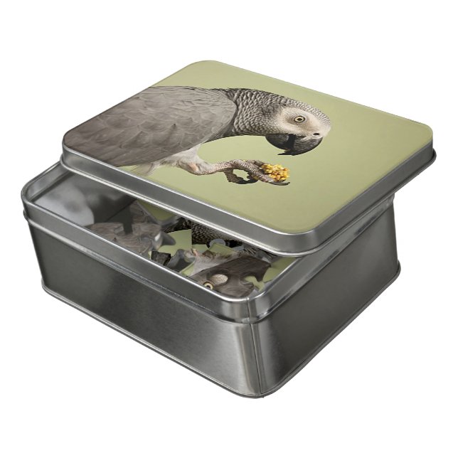 Intense Congo African Grey Parrot Snacking Jigsaw Puzzle (Lid Open)