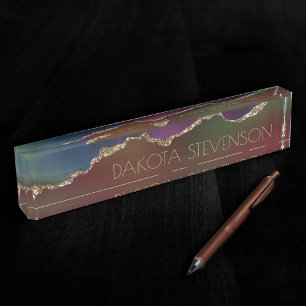 Intense Dark Agate Moody Rainbow Jewel Tone Desk Name Plate