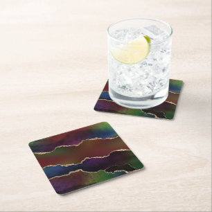 Intense Dark Agate   Moody Rainbow Jewel Tone Square Paper Coaster