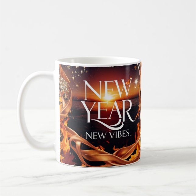 Intense Fire Sunset "New Year, New Vibes" Premium  Coffee Mug (Left)