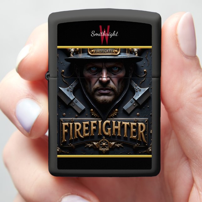 Intense Fireman Portrait Crossed Axes Honor Zippo Lighter (In Hand)
