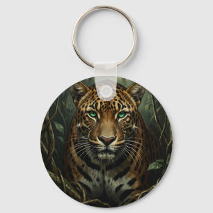 Intense Green Eyed Jaguar Jungle Keychain