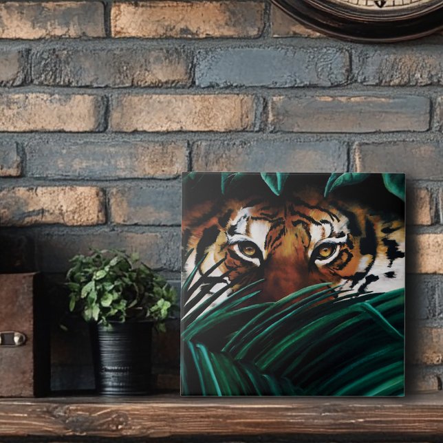 Intense Green Jungle Tiger Eyes Wildlife Leaves Ceramic Tile (Creator Uploaded)