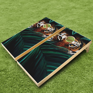 Intense Green Jungle Tiger Eyes Wildlife Leaves Cornhole Set