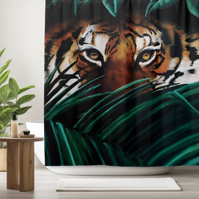 Intense Green Jungle Tiger Eyes Wildlife Leaves Shower Curtain (Creator Uploaded)