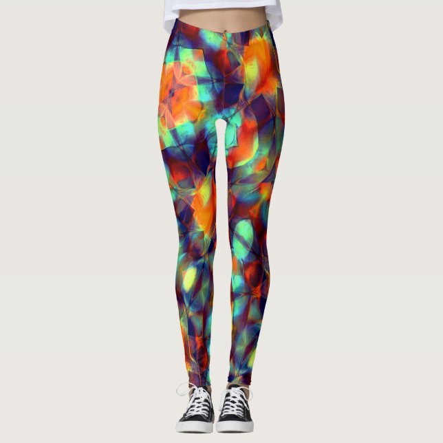 Intense orange flower in digital polished texture  leggings (Front)
