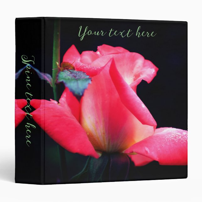 Intense Pink Rosebud And Raindrops Personalized 3 Ring Binder (Front/Spine)